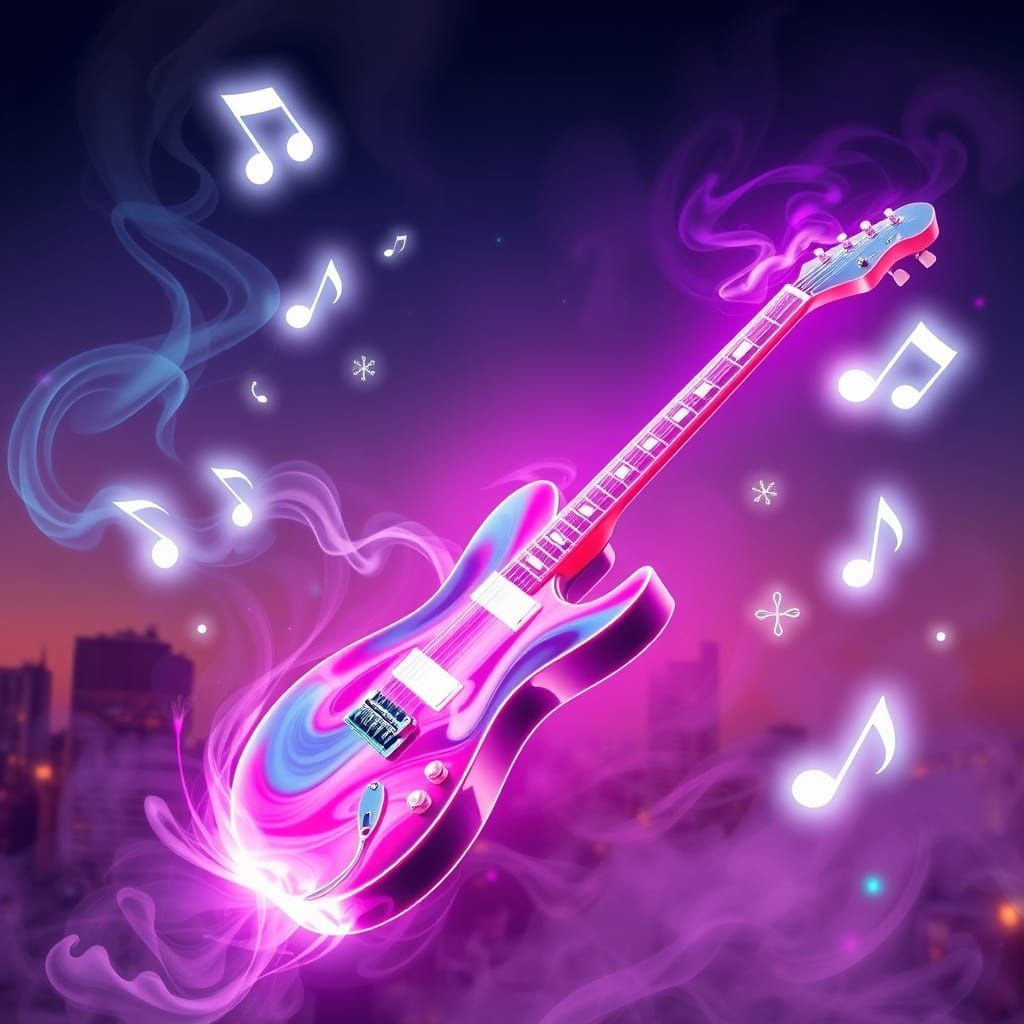 Glowing Electric Guitar with Neon Music Notes in a Futuristi...