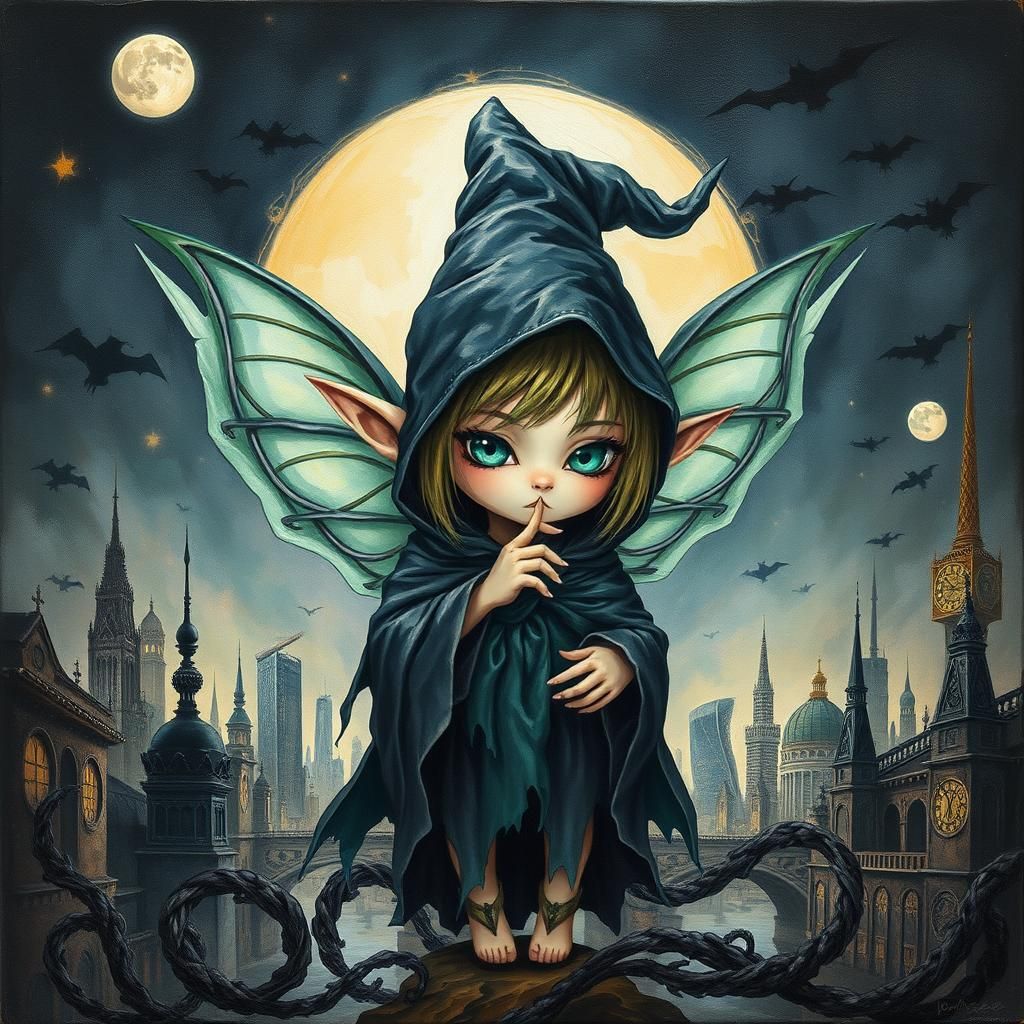 Chibi Fairy Elf Witch in Surrealist Impasto Style
