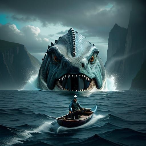 Chiseled Man Faces Off against Majestic Mosasaur in Photorea...