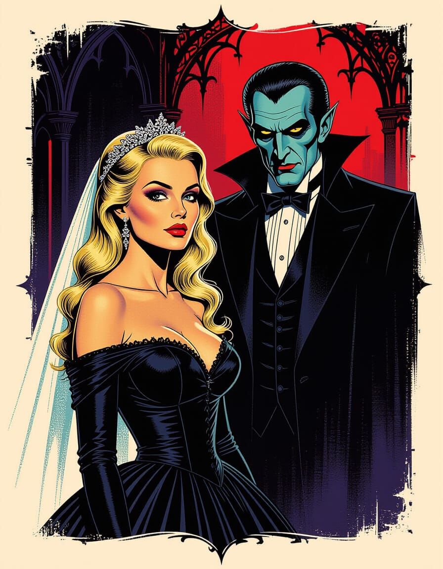 Gothic Bride and Dracula in Dramatic Poster Art