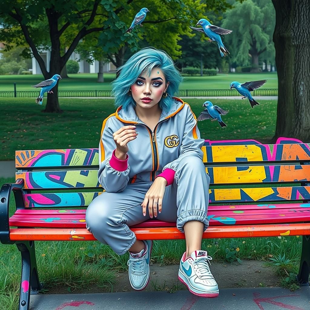 Woman with Blue Hair Feeding Birds, in Street Art Style