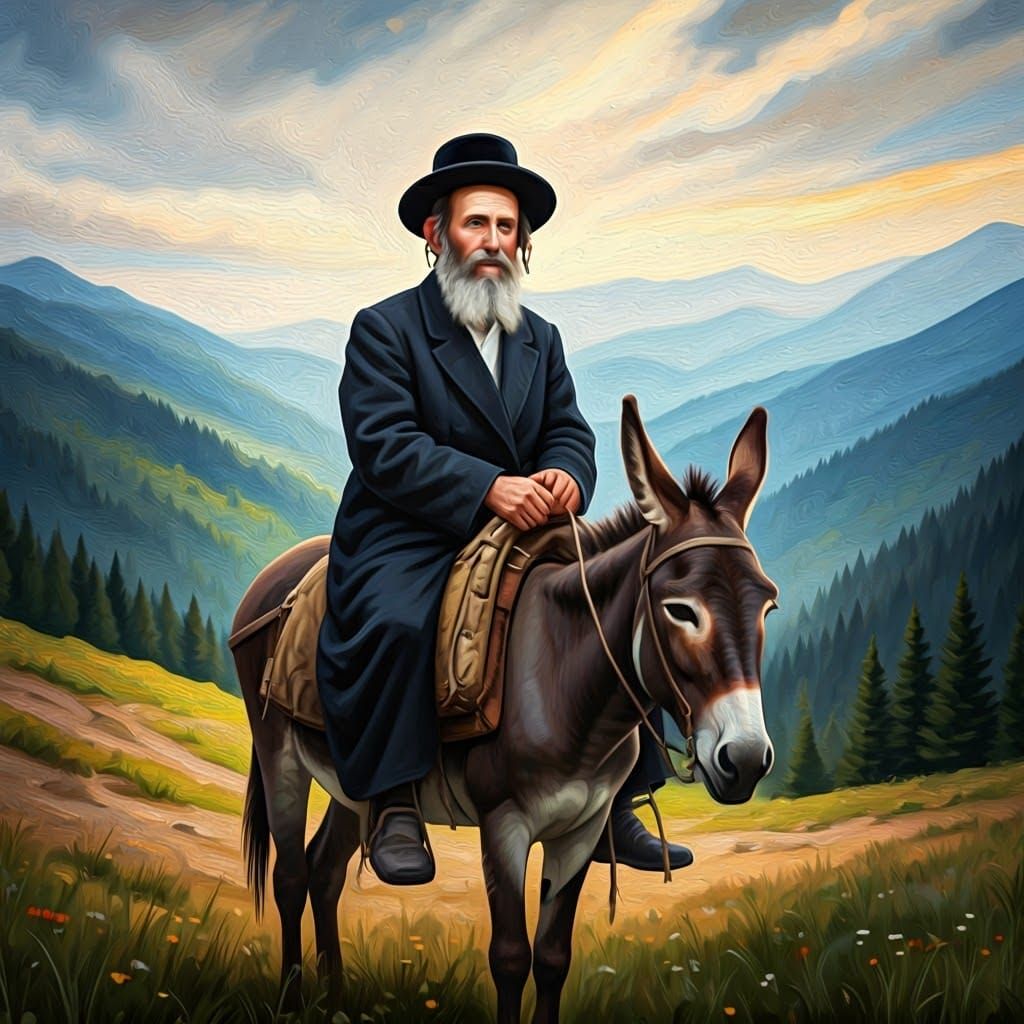 Hasidic Jew on Donkey in Carpathian Mountains