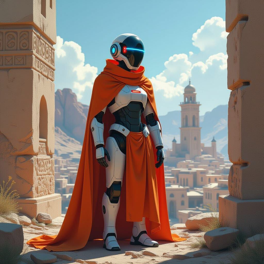 Robot in Orange Cloak Amidst Ancient Structures