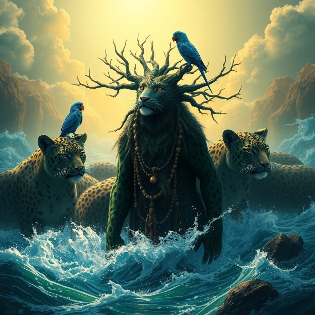 Leopard Shaman in Great Flood: Surrealist Dreamscape