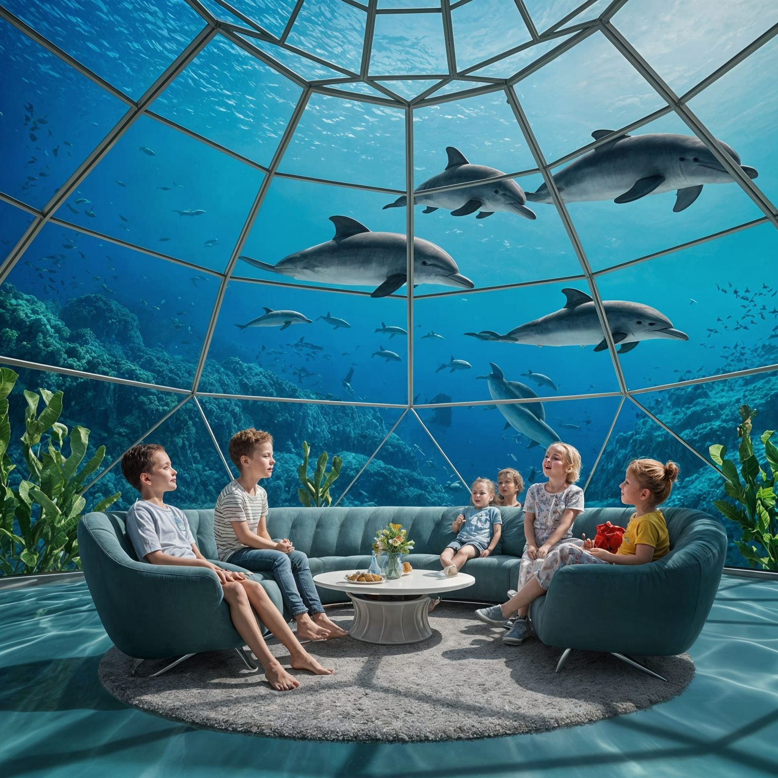 Underwater Dome: Children Watch Dolphins in Photorealism