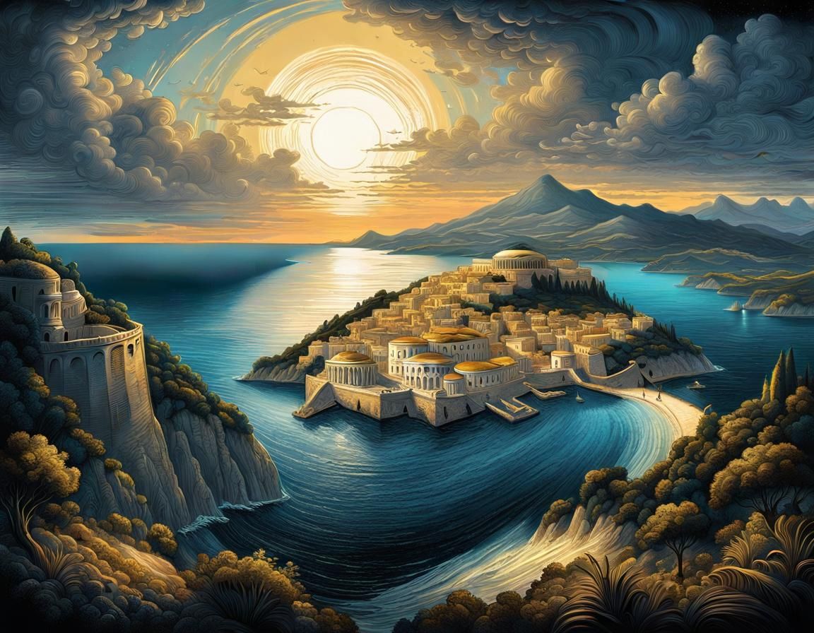 Corfu Island View at Golden Hour in Magic Realism