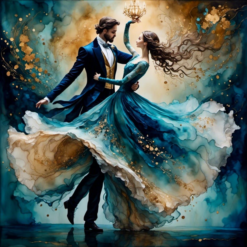 Romantic Waltz in Grand Ballroom with Golden Lighting