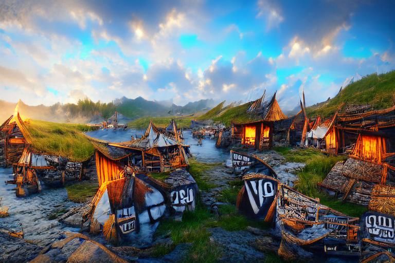 Detailed Painting of an Old Viking Village