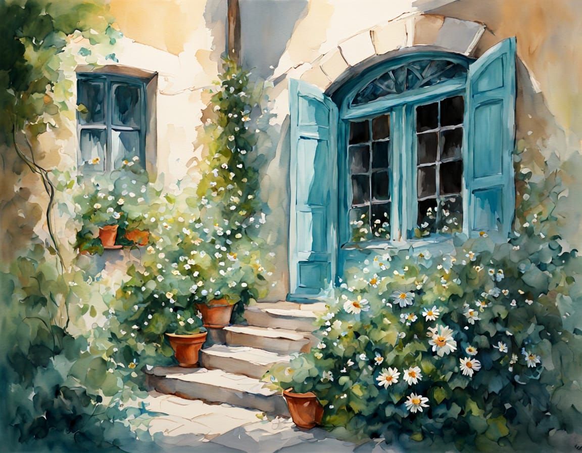 Watercolor Garden Window with Ivy and Daisies