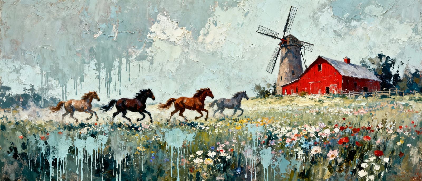 Abstract Wild Horses by Windmill in Pastel Meadow