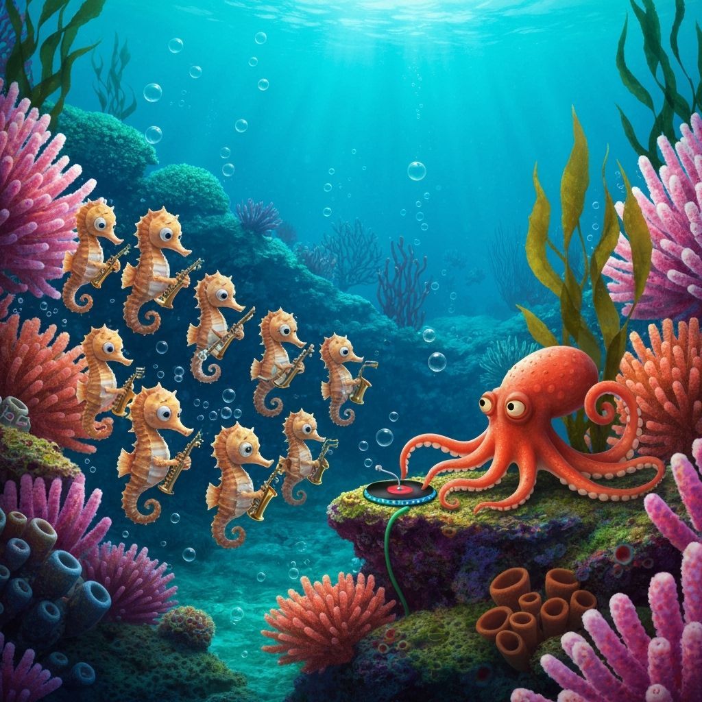 Underwater Seahorse Jazz Band in Coral Reef