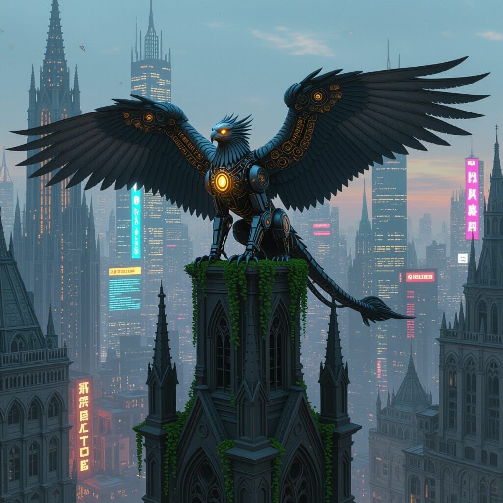 Cyberpunk Gryphon Perched on Gothic Spire