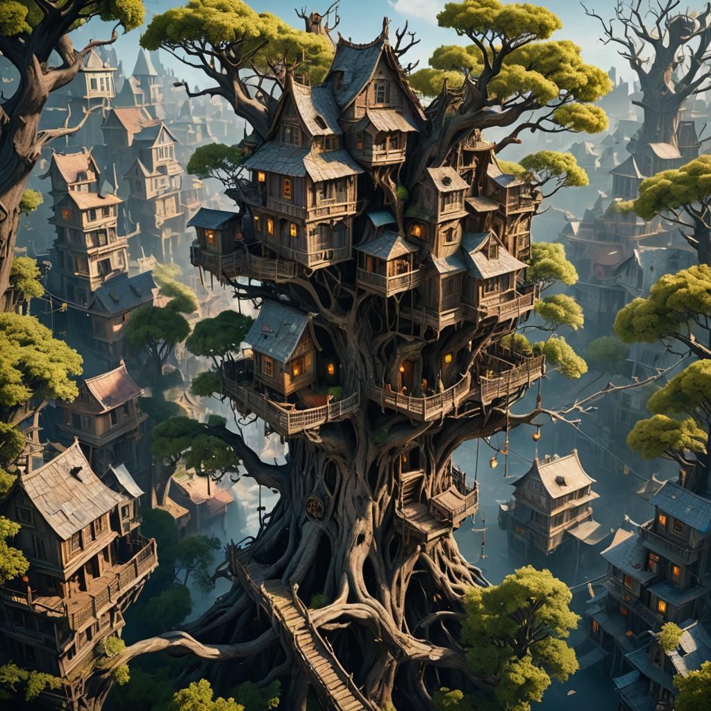 Fantastical Treehouse City in a Dead Tree