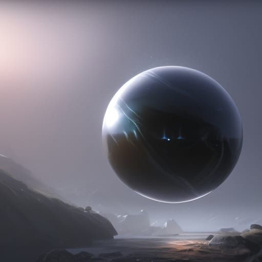 Obsidian Sphere Floating in Mysterious Landscape