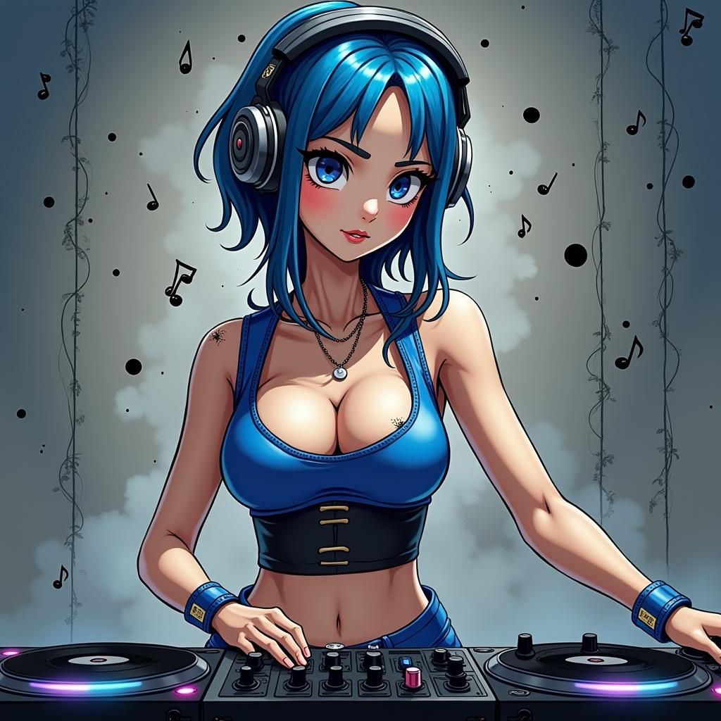 Anime DJ Girl in Blue Leather, Detailed Digital Art