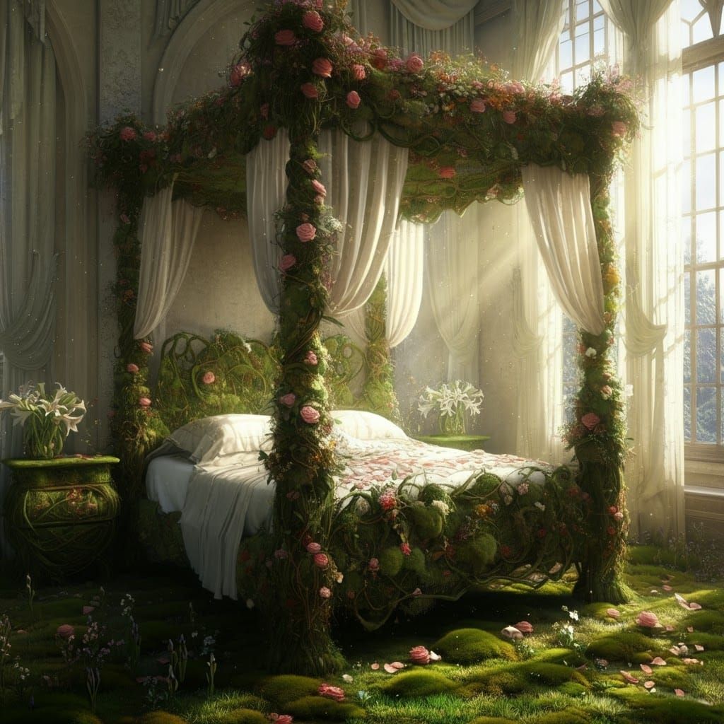 Floral Tapestry Bed in Sun-Drenched Bedroom