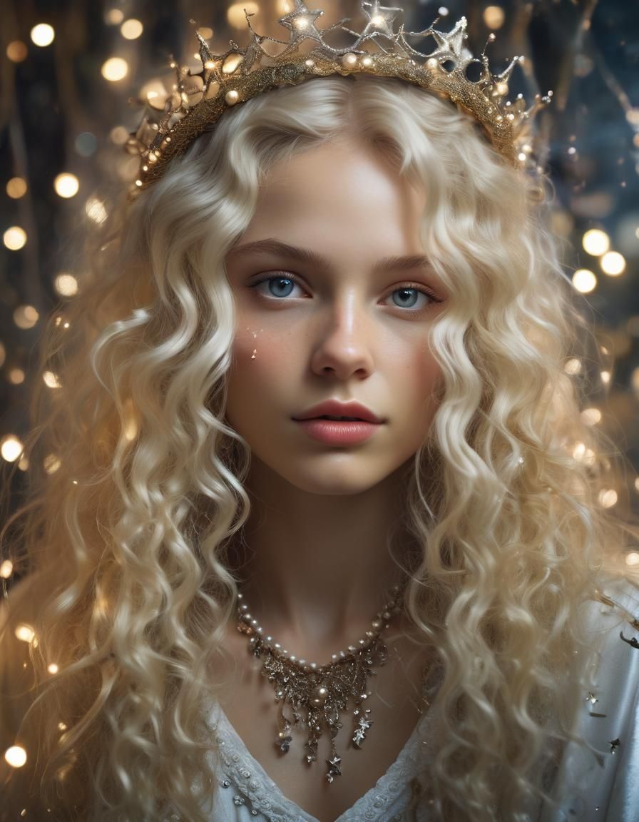 Ethereal Medieval Woman with Pearls and Fairy Lights