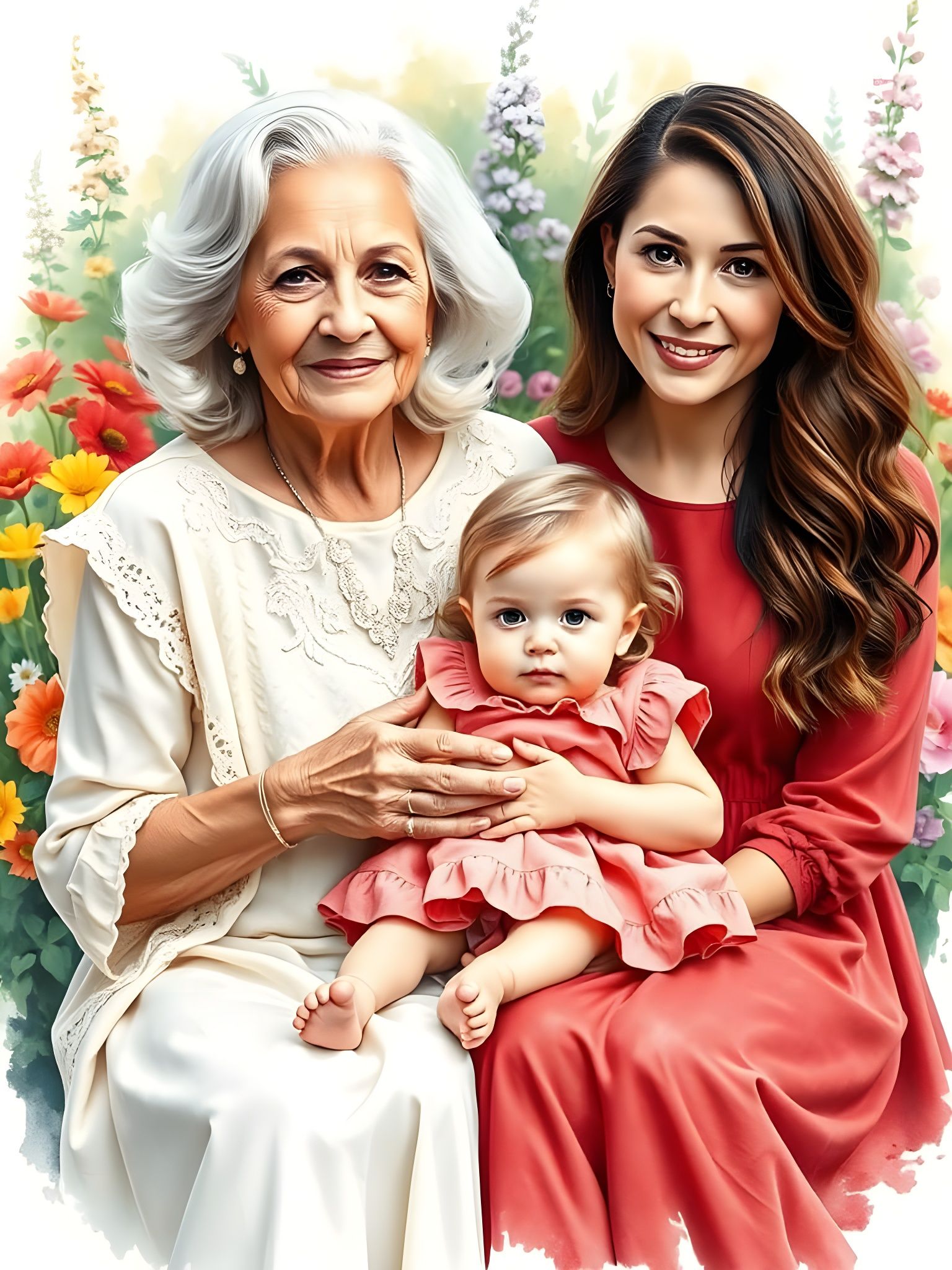 Generations Portrait in Gouache Style With Spring Flowers