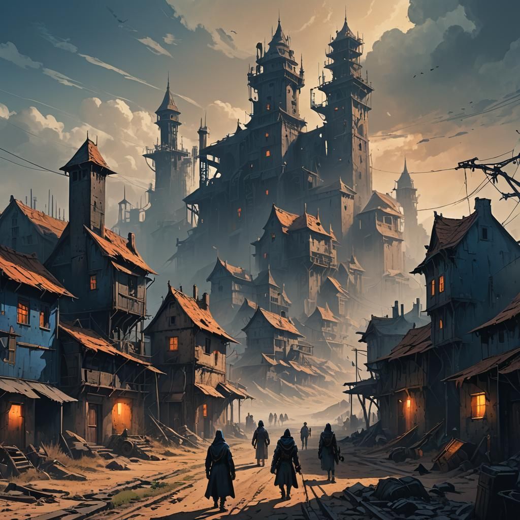 Dark Fantasy Village Under Looming Tower