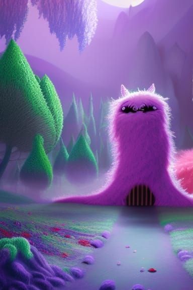 Fuzzy Purple Creature in Candy Forest