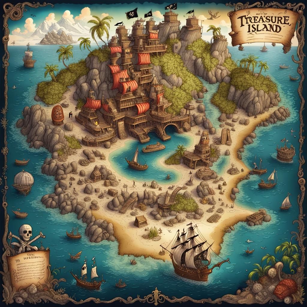 Colorful Hand-Drawn Map of Treasure Island
