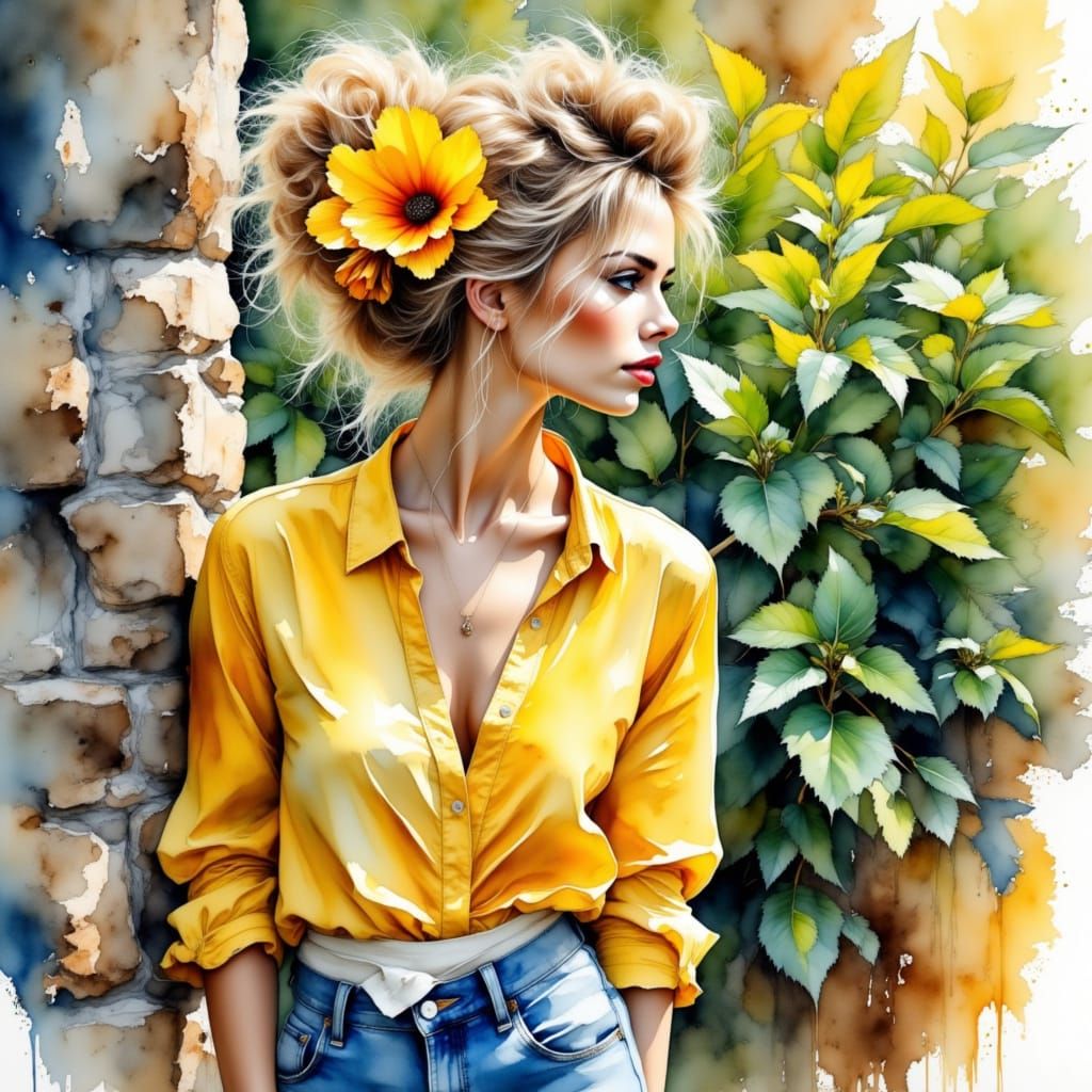 Woman with Yellow Flower and Mint Garden Watercolor