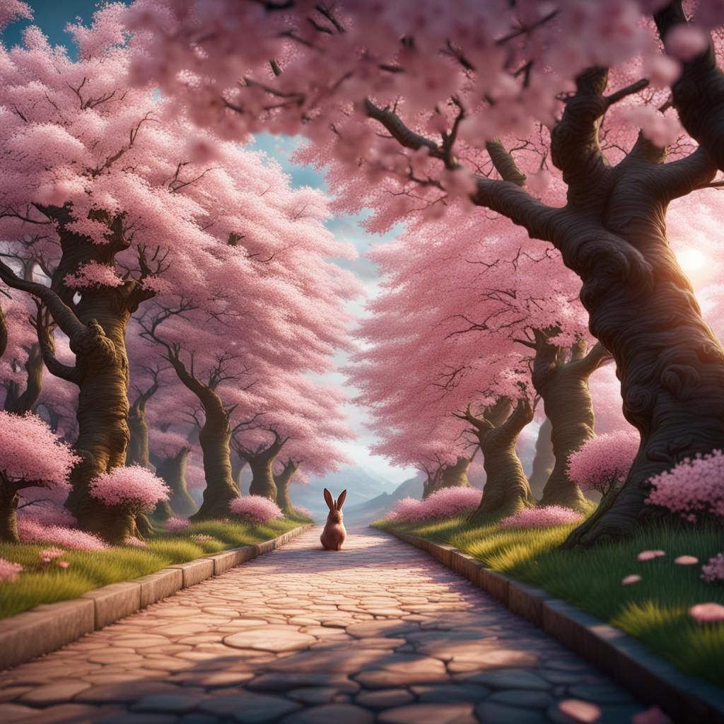 Bunny in Cherry Blossom Garden: Fantasy Concept Art