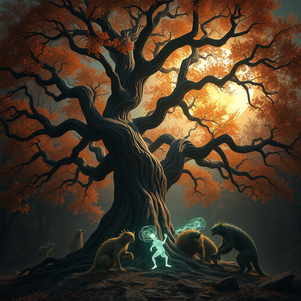 Mystical Creatures Gather Under Enchanted Autumn Tree