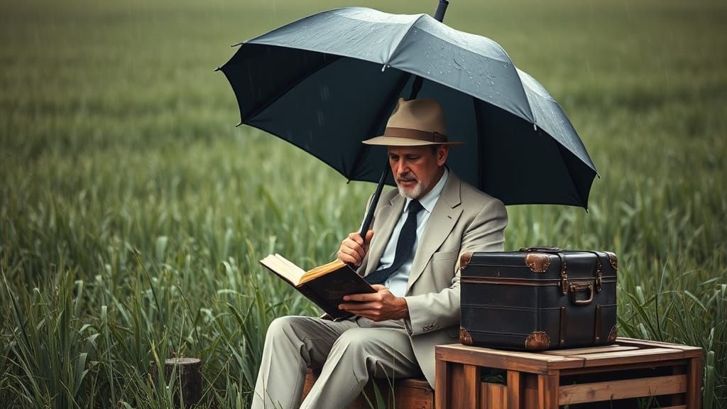 Contemplative Man Reading Book in Rainy Field