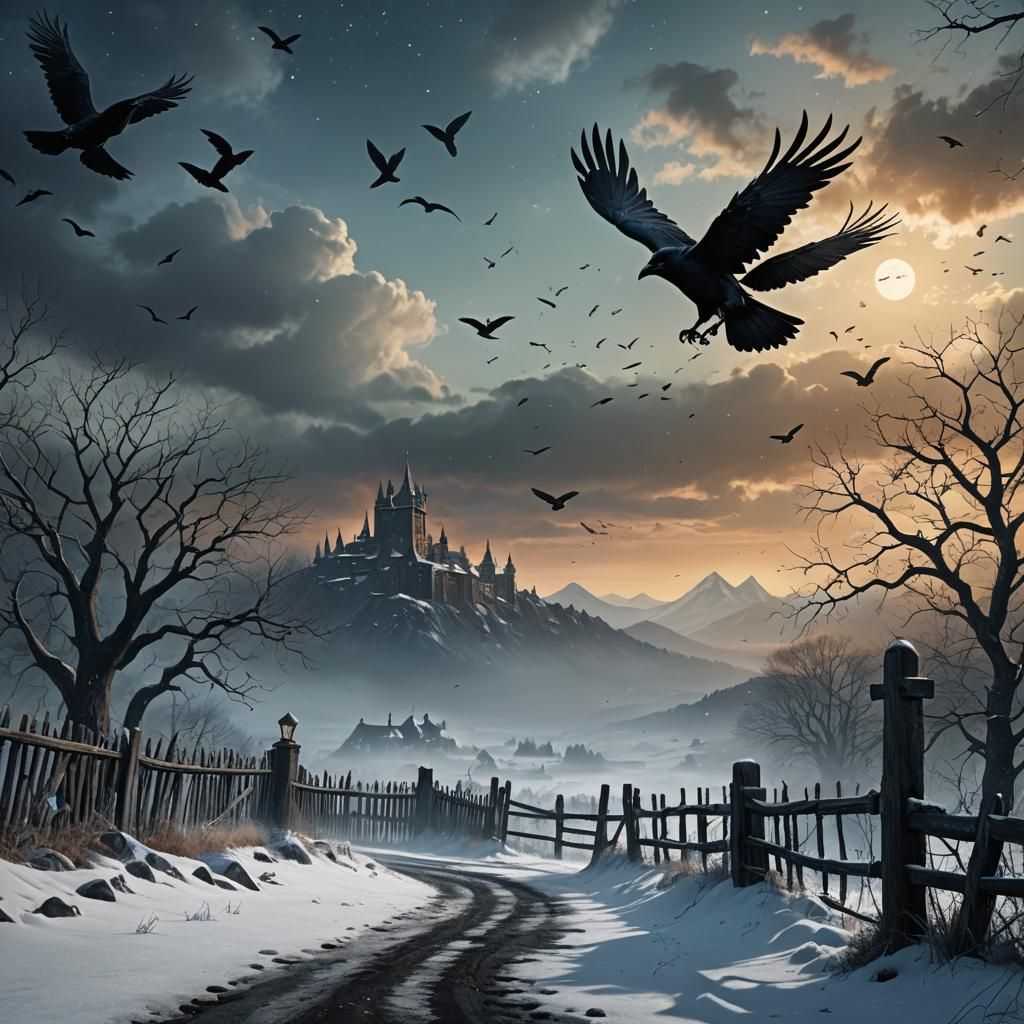 Raven's Flight Across Twilight Sky: Fantasy Concept Art
