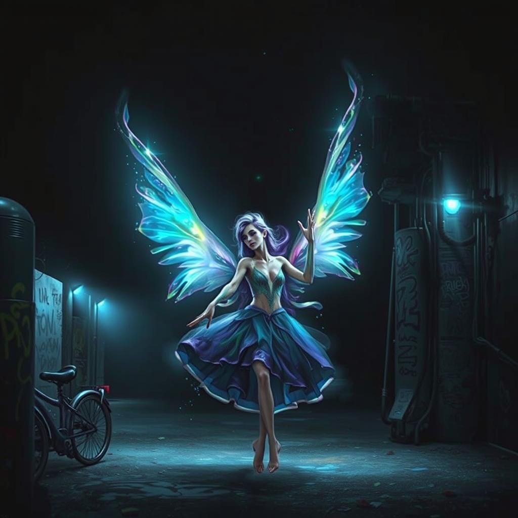 Iridescent Fairies Dance in Electric Cyberpunk Night