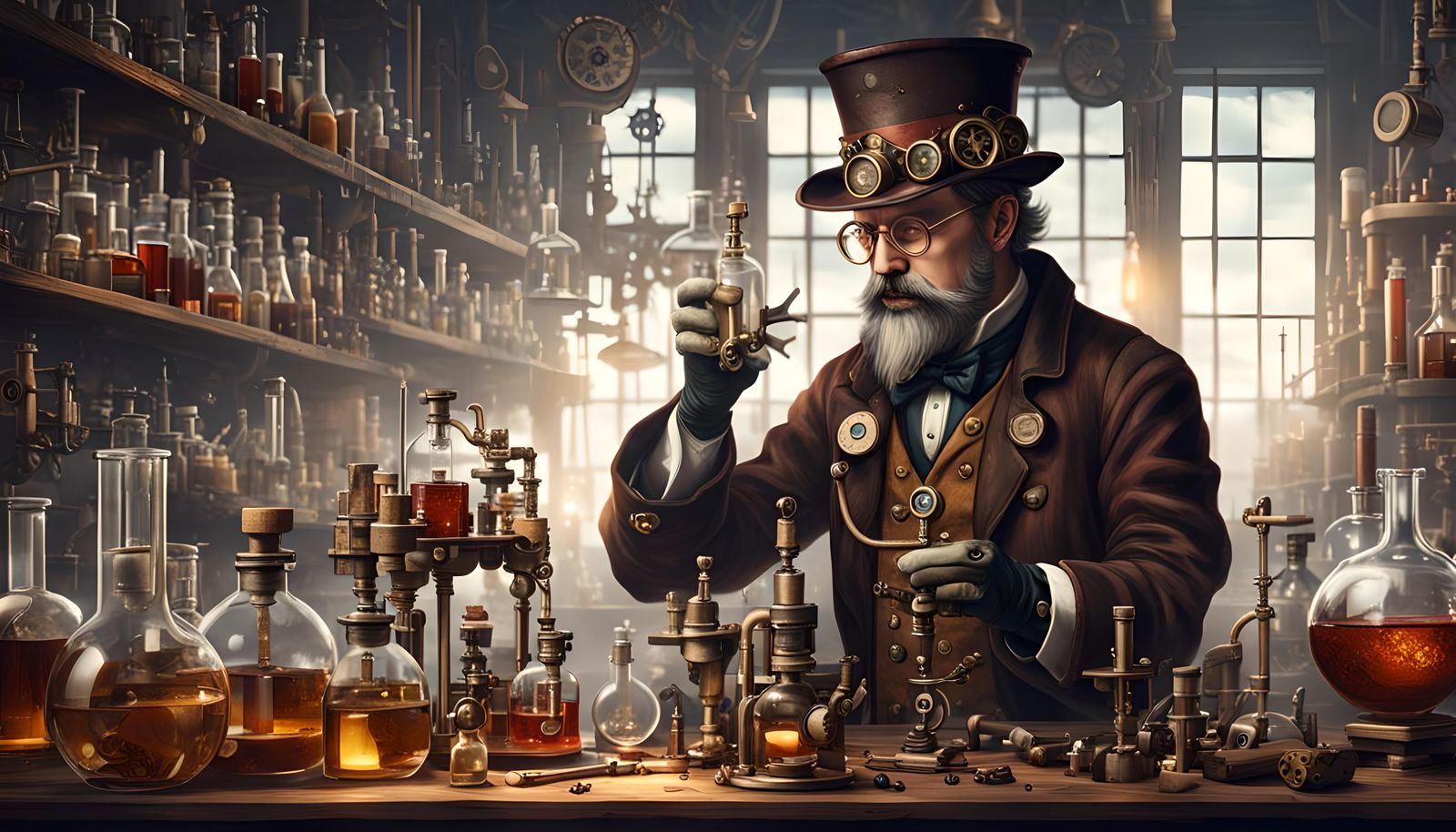 steampunk alchemist in the laboratory