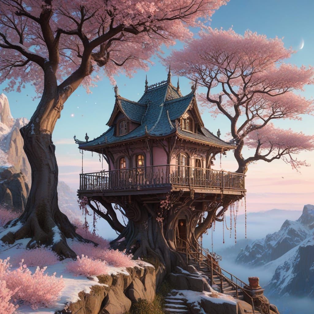 Whimsical Treehouse Mansion in Winter Concept Art