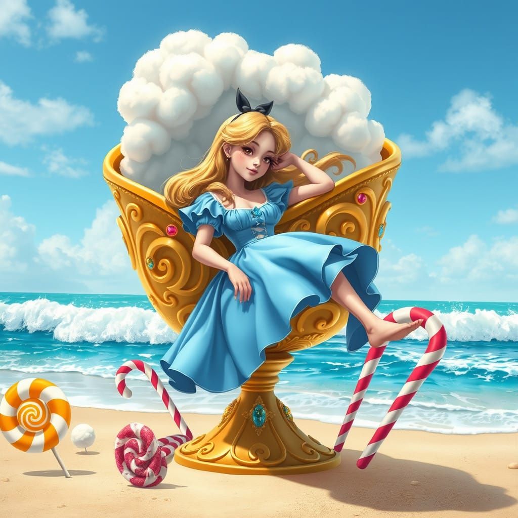 Whimsical Beach Scene with Golden Goblet and Vibrant Lollipo...