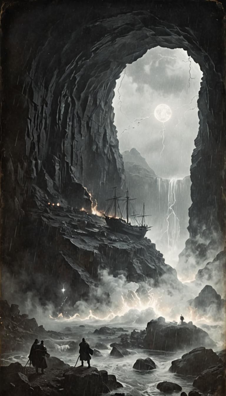 Sailing Ship in Cave: Black and White Tintype