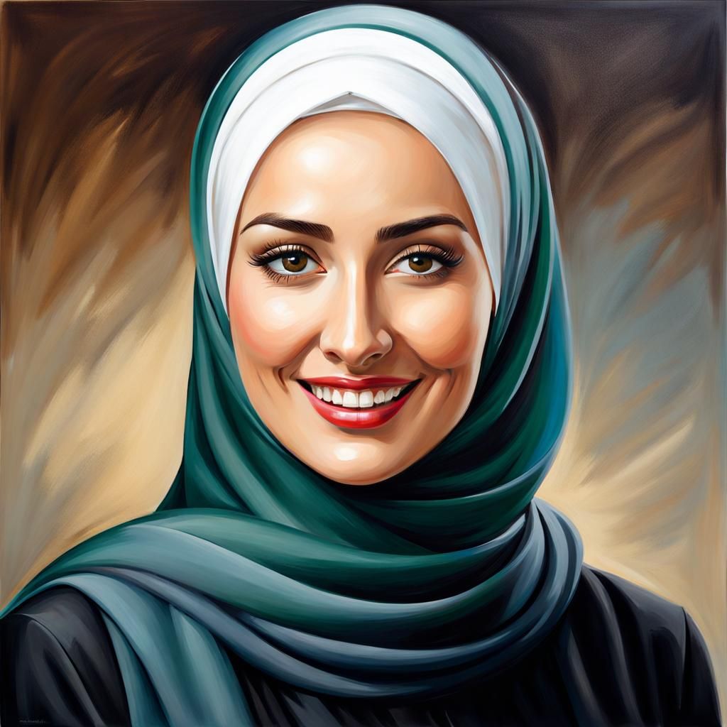 Elegant Young Hijabi Czech Woman Smiling in Oil Painting