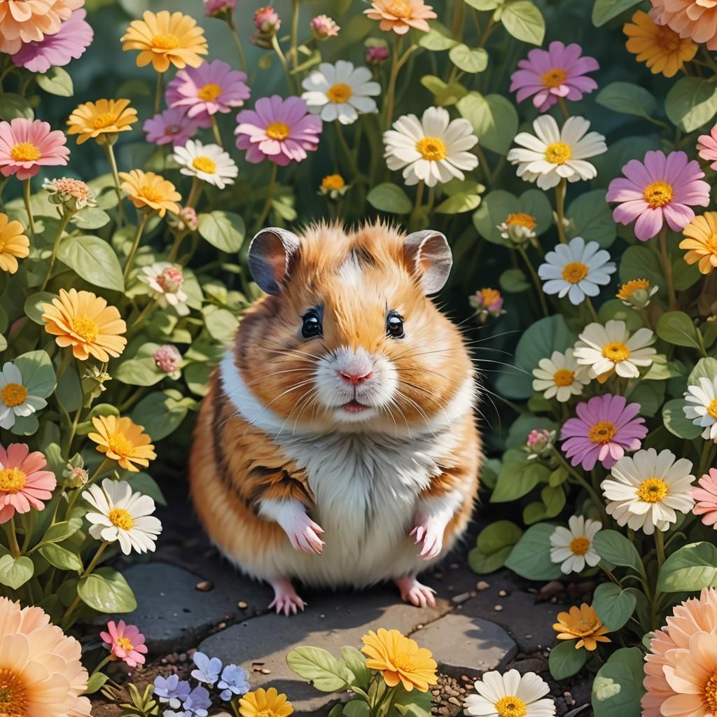 Chubby Hamster Walks in a Sunny Garden