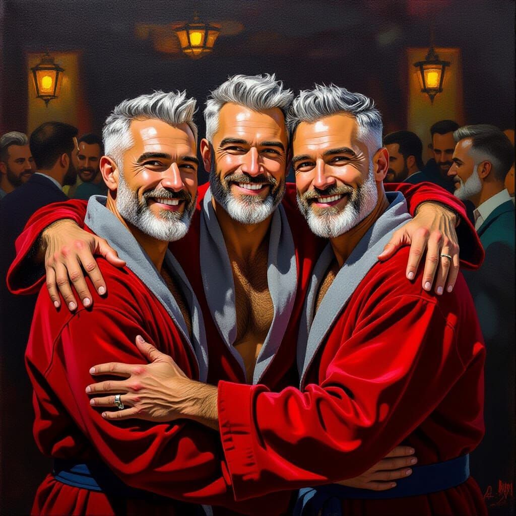 Three Handsome Men Hugging in Red Velvet Robes