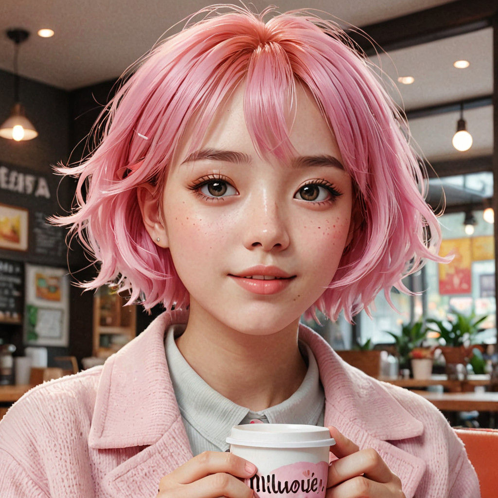 Vibrant Anime Girl in Cozy Café Scene
