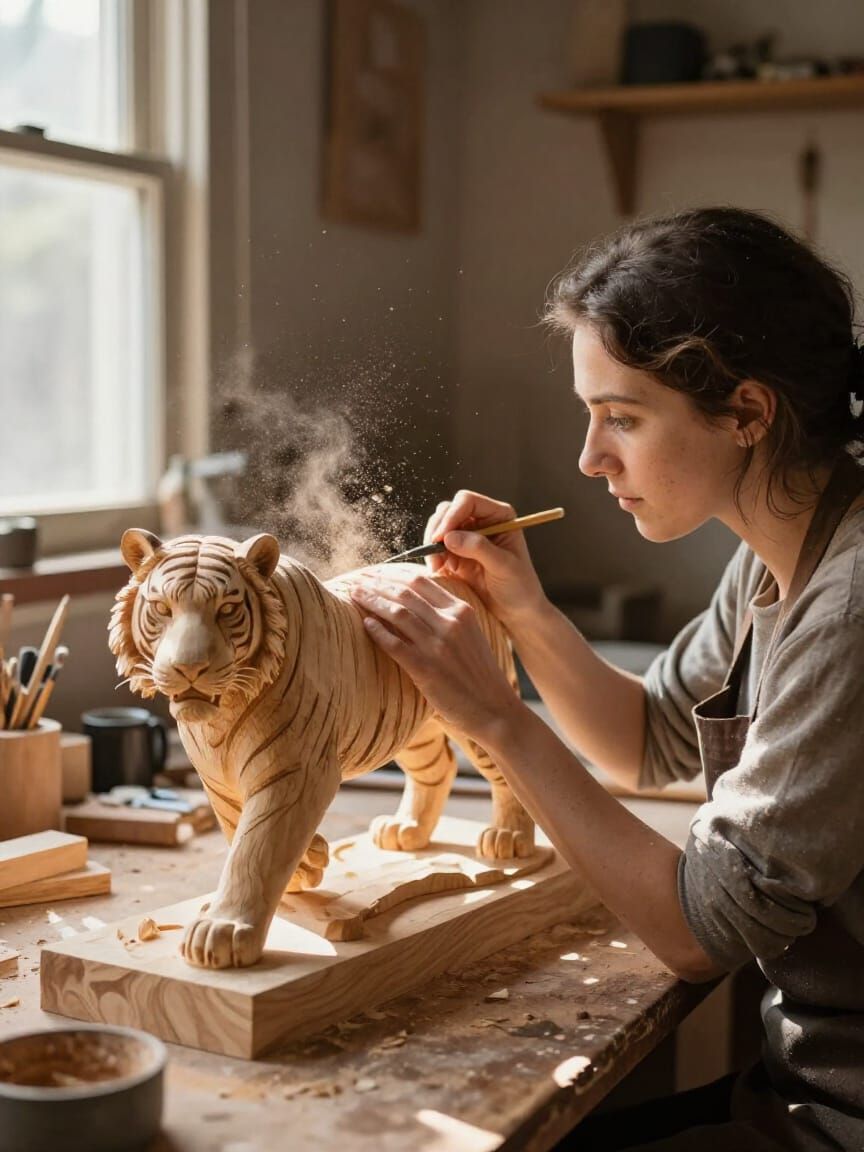 Artist Carving Tiger in Rustic Workshop
