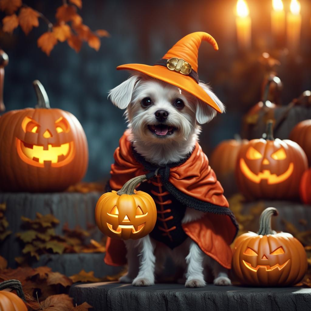 Dog in Pumpkin Costume: Halloween Fantasy Art