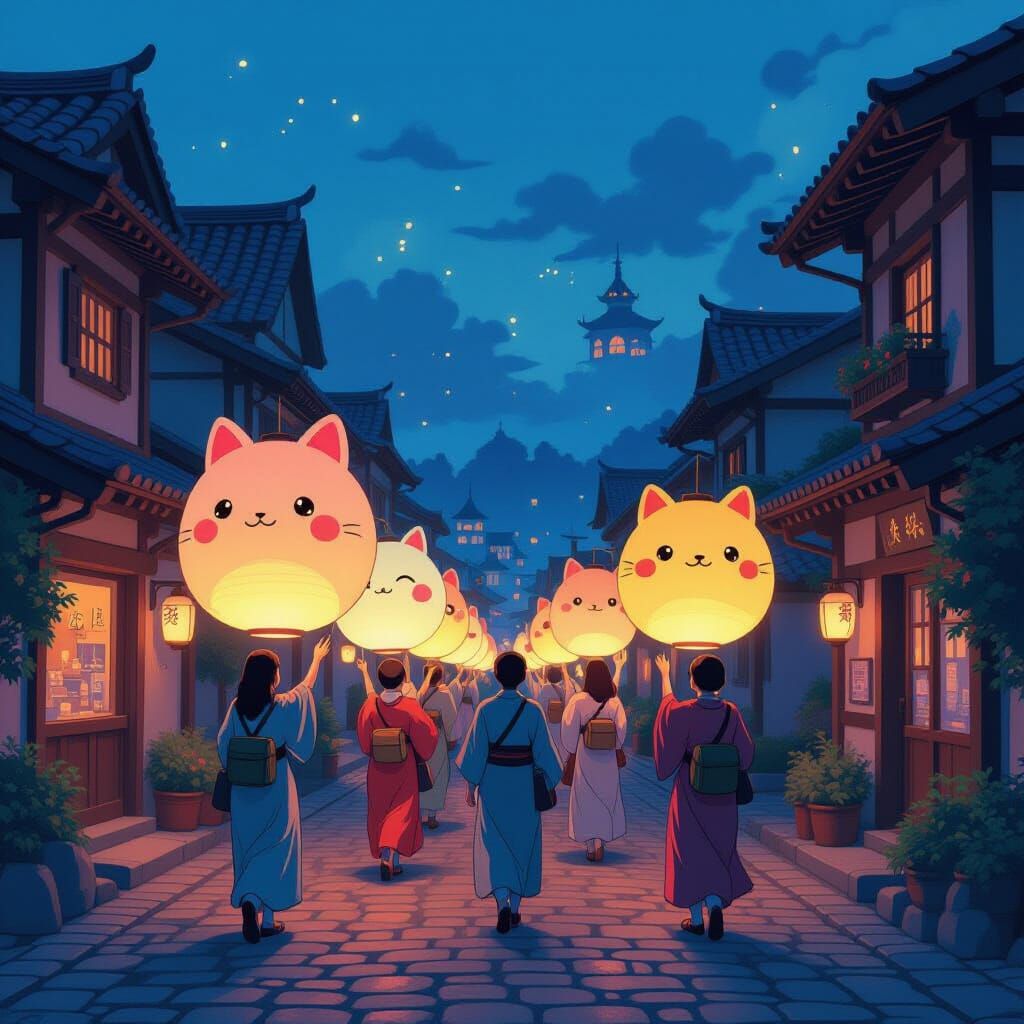 Glowworm Lantern Festival Parade in a Magical Village