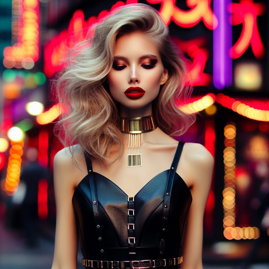 Girl in Leather Dress at Neon Nightclub