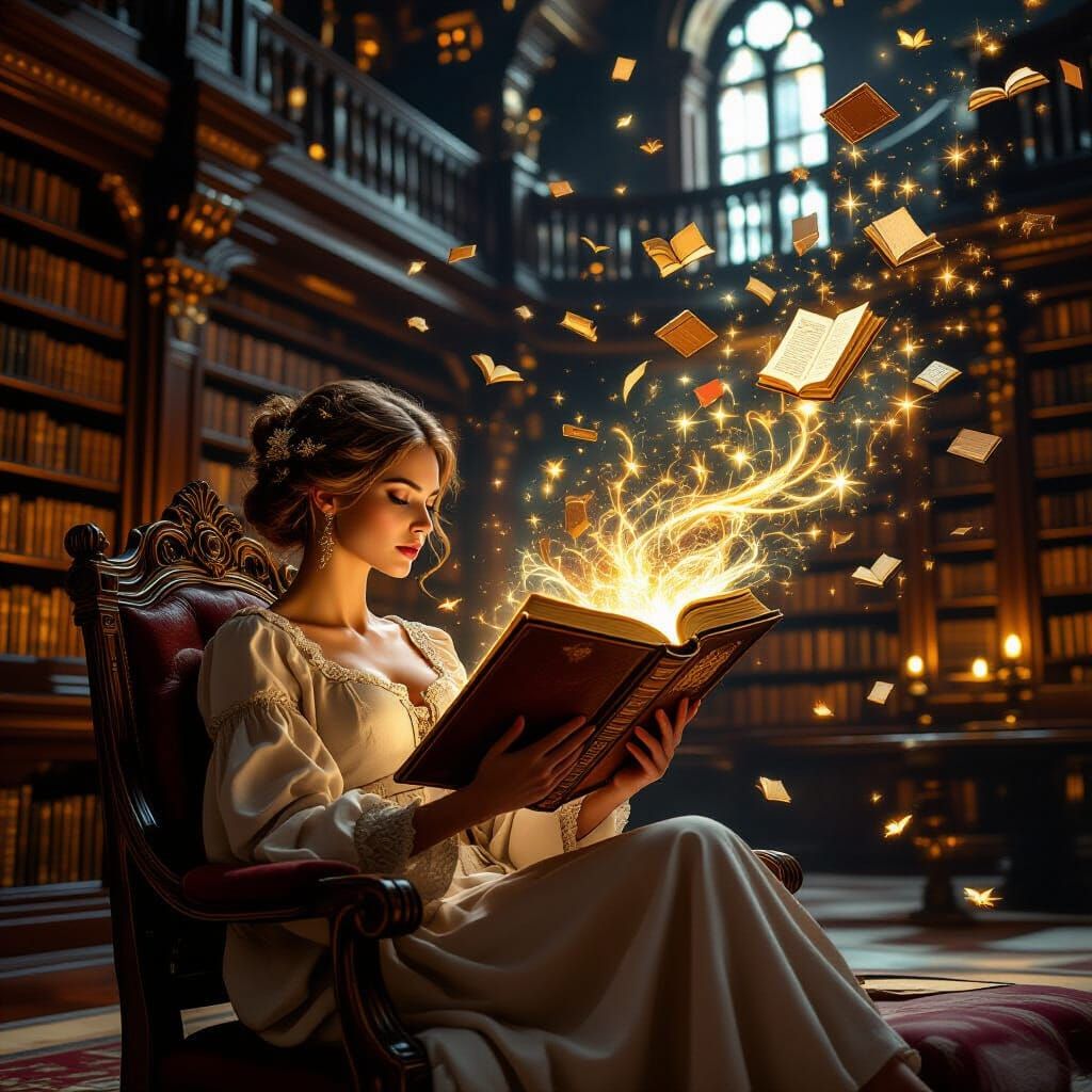 Enchanting Woman Reading in Magical Library