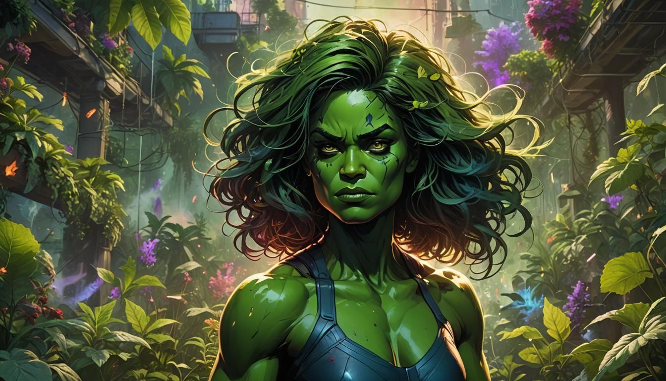 She-Hulk in Lush Cannabis Garden: Splash Art