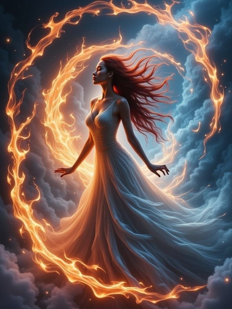 Woman Controls Fire in a Hyperreal Realm