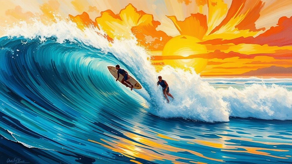 Surfers in Action, Tropical Beach Scene