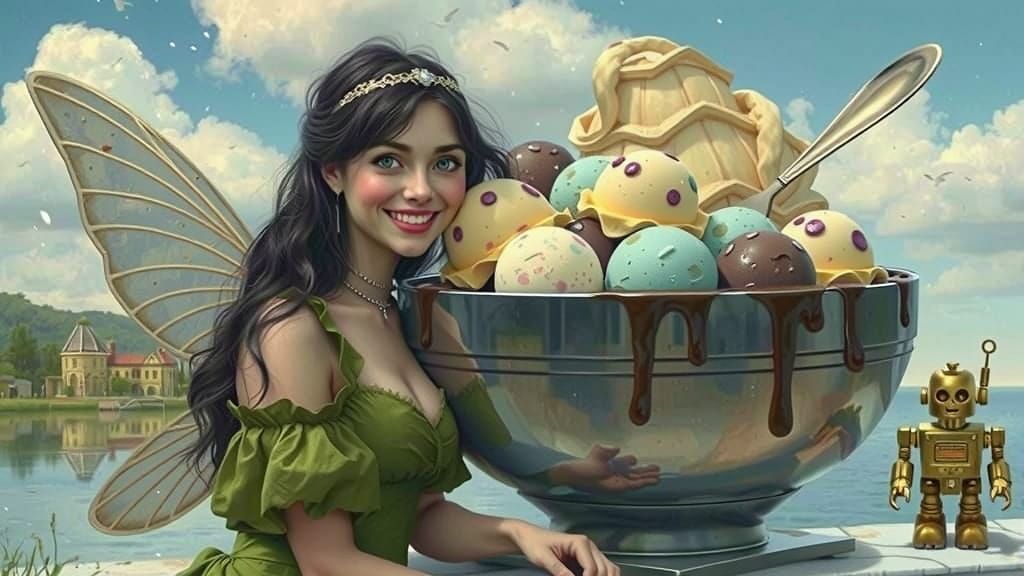 Fairy Holds Ice Cream with Robot Companion in Whimsical Sett...