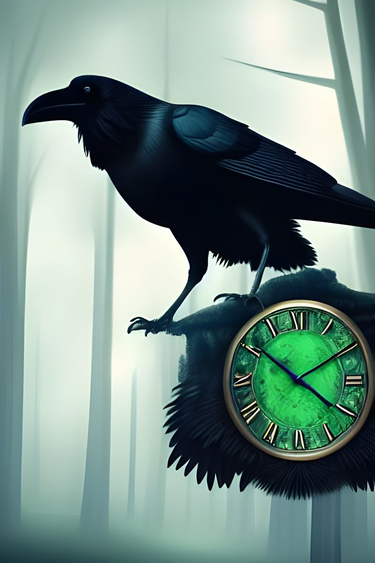 Raven on Clock in Misty Forest, Dark Fantasy Art