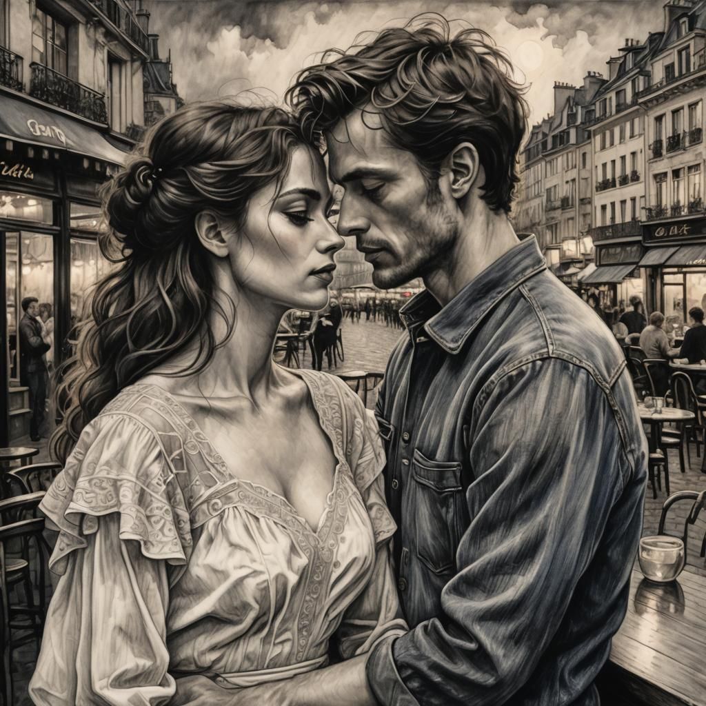 Romantic Couple in Paris, Charcoal Drawing